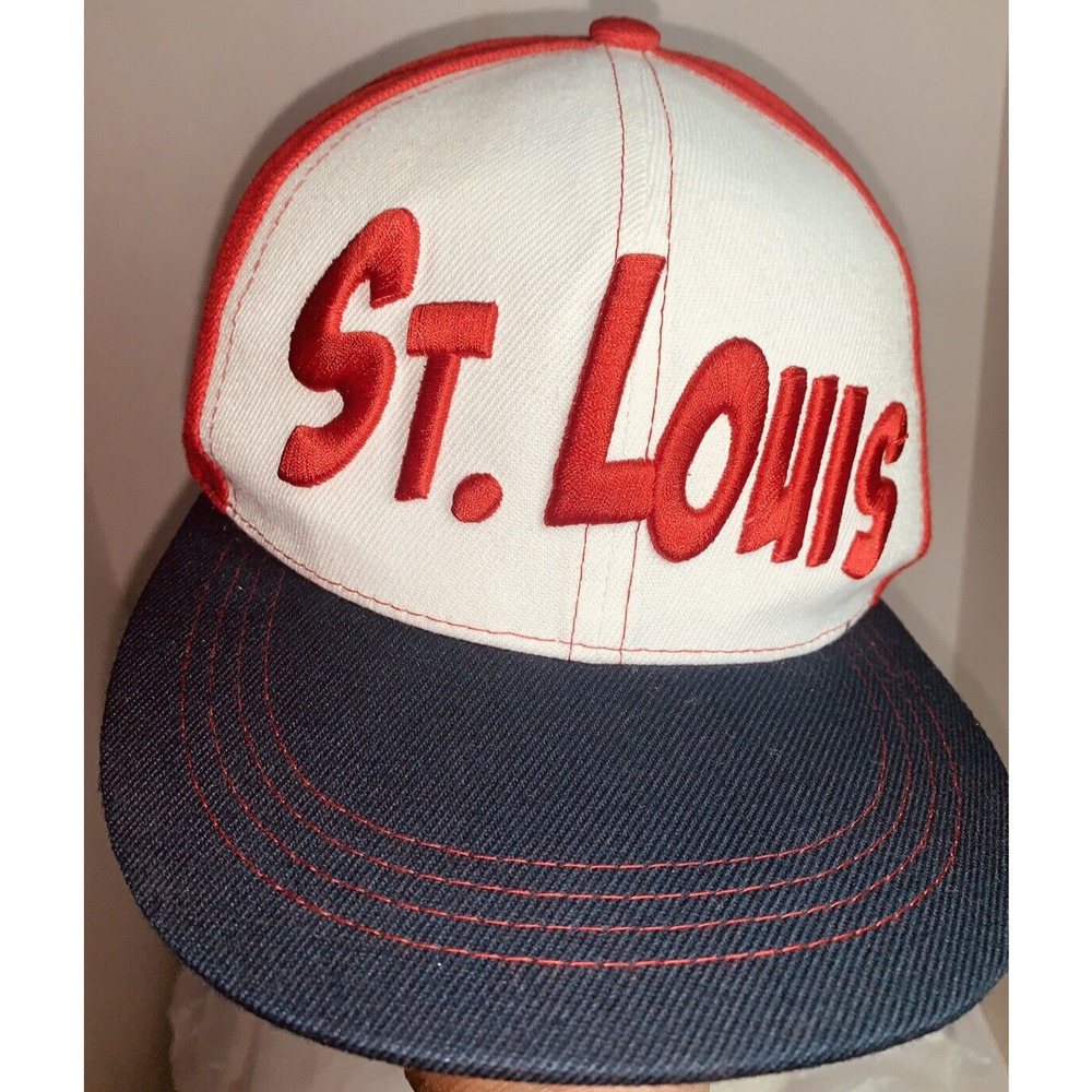 St Louis Snap Back Hat Cap Raised Spell Out Red White Blue Snap Back EUC
